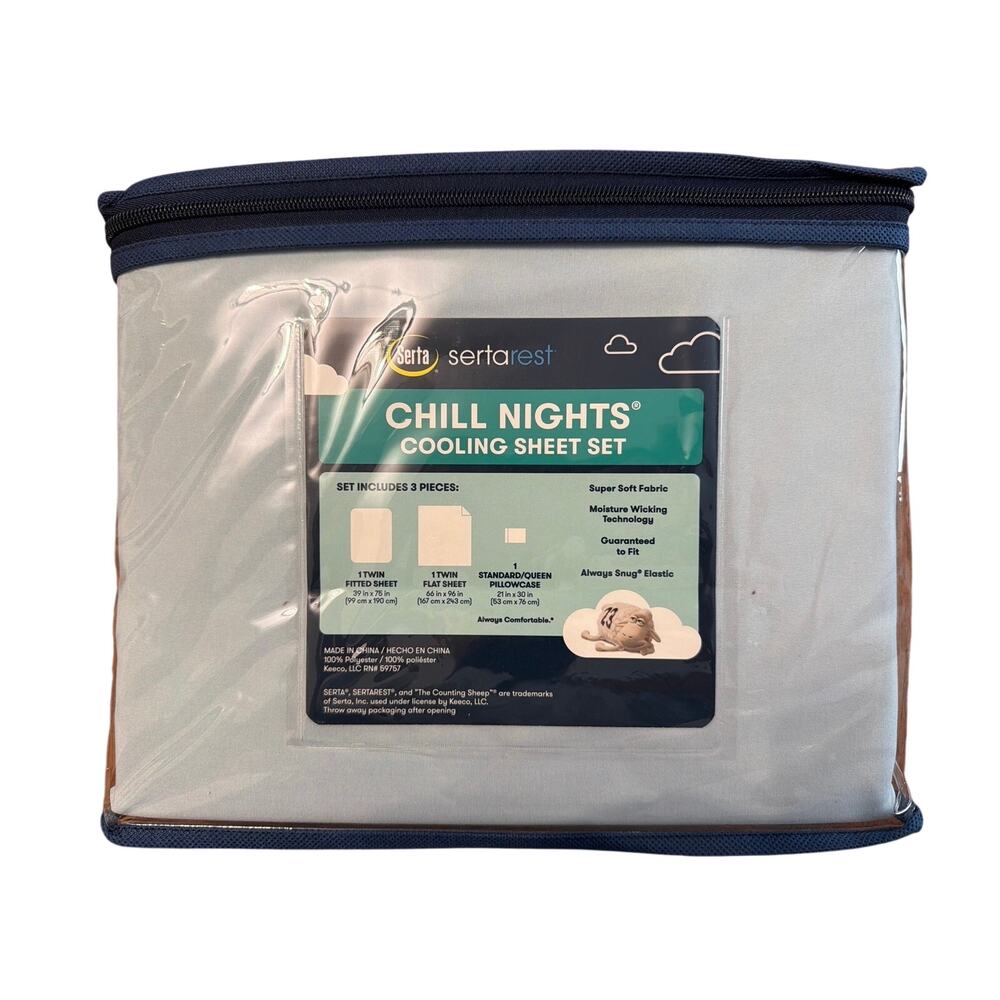 Serta Sertarest Blue Gray Chill Nights Cooling Twin Size Sheet Set Brand New